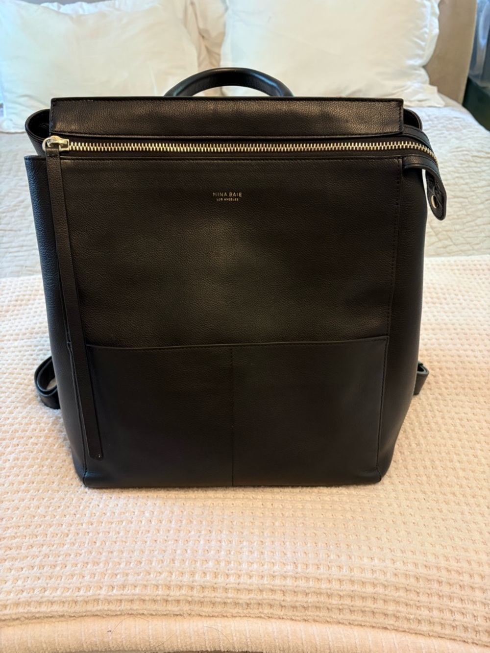 Mina Baie Black Leather Harper Diaper Bag Backpack